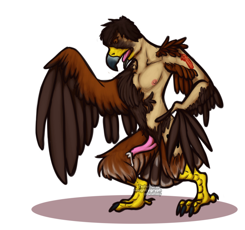 2018 animal_genitalia anthro avian beak bird claws colored cum erection feathered_wings feathers hair hi_res human humanoid invalid_tag male mammal markings naughtygryph nipples nude open_mouth orgasm penis simple_background solo standing surprise tentacle toe_claws tongue transformation wings