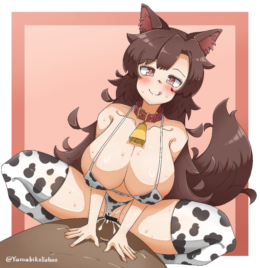 1boy :q alternate_costume animal_collar animal_ear_fluff animal_ears animal_print areola_slip bar_censor bell bikini bikini_bottom_aside blush breasts brown_hair censored cleavage closed_mouth clothing_aside collar commentary covered_nipples cow_print cow_print_bikini cow_print_thighhighs cowbell cowgirl_position cum cum_in_pussy cum_overflow dark-skinned_male ejaculation feet_out_of_frame female heart heart-shaped_pupils huge_breasts imaizumi_kagerou large_variant_set long_hair looking_at_viewer male navel neck_bell pink_background pov pov_crotch print_bikini print_thighhighs pussy red_eyes sex smile solo_focus squatting_cowgirl_position straight sweat swimsuit symbol-only_commentary symbol-shaped_pupils tail thighhighs tongue tongue_out touhou vaginal_penetration variant_set wolf_ears wolf_girl wolf_tail yamabikoyahoo