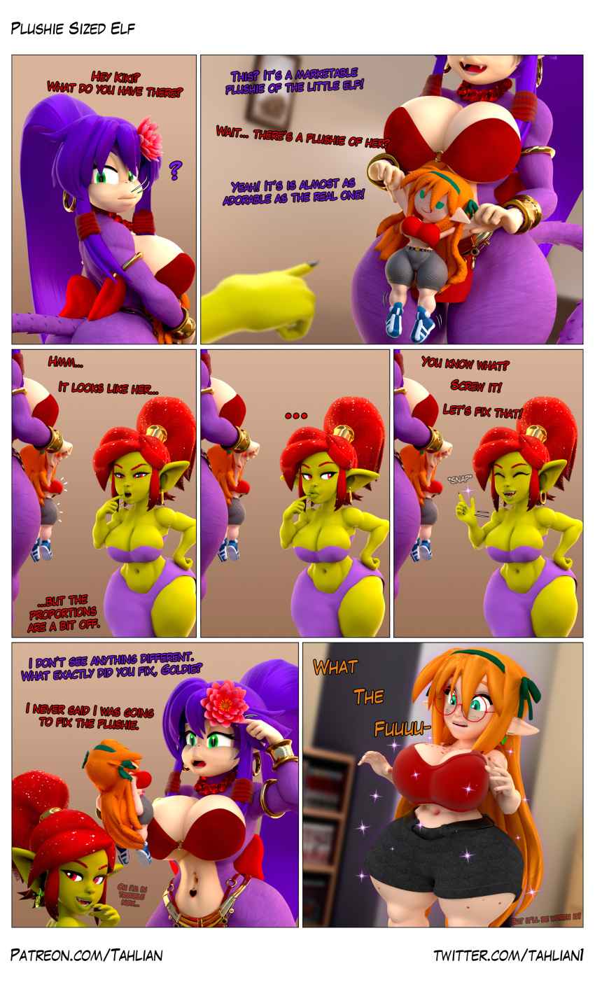 3d ape blender breast_expansion breasts comic doll elf felicia_(tahlian) female freckles ginger green_body hyper hyper_ass hyper_breasts kiki_(tahlian) magic muscular muscular_female purple_fur purple_hair red_hair shortstack tahlian trixie_(tahlian)