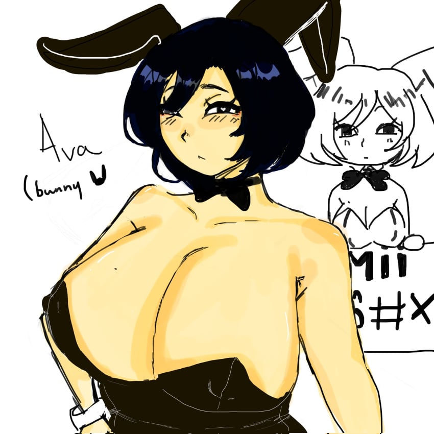 1girls ava_(gazoogaloo) big_breasts black_bow black_bowtie blush blush_lines blushing_at_viewer bow bowtie breasts bunny_ears bunny_girl bunnygirl bunnysuit cleavage english_text fanart female female_focus female_only huge_breasts large_breasts mii nintendo oc playboy_bunny simple_background solo solo_female solo_focus thepapermuncher white_background