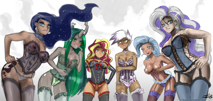 6girls anthro blue_eyes breasts changeling cleavage corset cutie_mark evil fangs female friendship_is_magic garter_belt gilda_(mlp) green_eyes green_hair group hair horn human humanized john_joseco lingerie long_hair looking_at_viewer my_little_pony nightmare_moon_(mlp) nightmare_rarity open_mouth pasties princess_luna_(mlp) queen_chrysalis_(mlp) rarity_(mlp) smooth_skin stockings sunset_shimmer thighhighs trixie_(mlp)