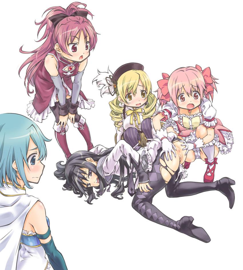 5girls akemi_homura all_fours anus beret black_hair blonde_hair blue_eyes blue_hair blush bubble_skirt detached_sleeves drill_hair female female_only fingerless_gloves gloves hair_ornament hair_ribbon hairpin hat highres human long_hair madoka_kaname magical_girl mahou_shoujo_madoka_magica miki_sayaka multiple_girls pink_eyes pink_hair ponytail red_eyes red_hair ribbon sakura_kyouko short_hair short_twintails smile spread_anus squatting suzuki24 thighhighs tied_hair tomoe_mami torn_clothes twin_drills twintails white_gloves white_legwear yellow_eyes