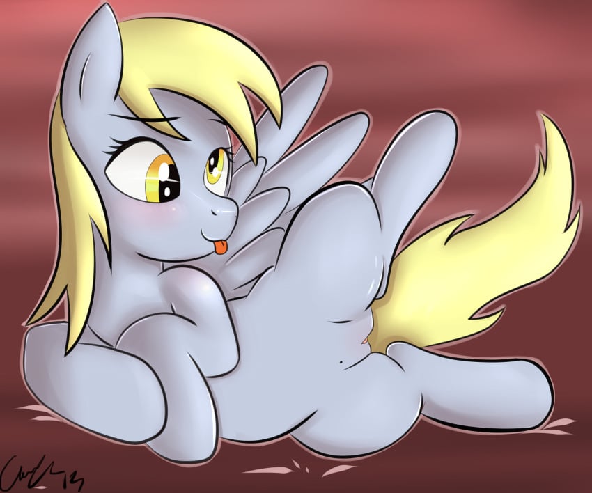 barefoot blonde_hair derp derpy_hooves female feral friendship_is_magic fur grey_fur grey_nose hair happy hooves long_hair lying matimus91 my_little_pony nude on_side plain_background pussy raised_leg red_background smile solo tongue tongue_out white_eyes yellow_eyes