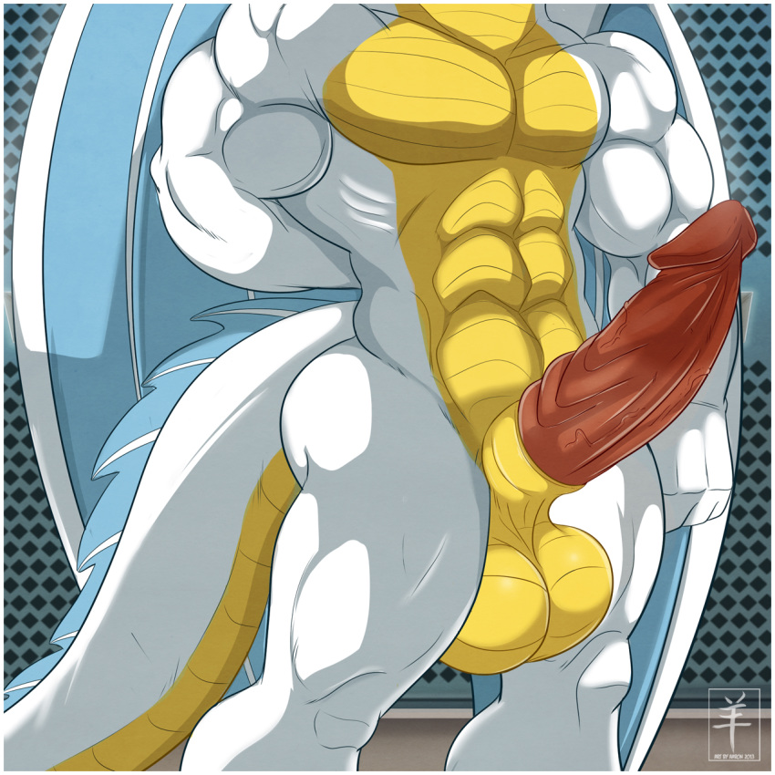 2013 aaron_(artist) abs anthro arm ass balls biceps big dragon erection fala_delamere furry male male_only manly muscles nude pecs penis pose raised reptile room scales scalie shadow solo standing topless white_dragon wings