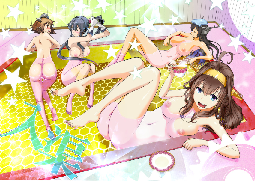 4girls ass barefoot bathing black_hair blush breasts brown_eyes brown_hair feet female kamitsuki_manmaru kantai_collection kongou_(kantai_collection) looking_at_viewer multiple_girls nagato_(kantai_collection) navel nipples nude onsen open_mouth ponytail purple_eyes smile soles teacup tied_hair toes water wink yahagi_(kantai_collection) yukikaze_(kantai_collection)