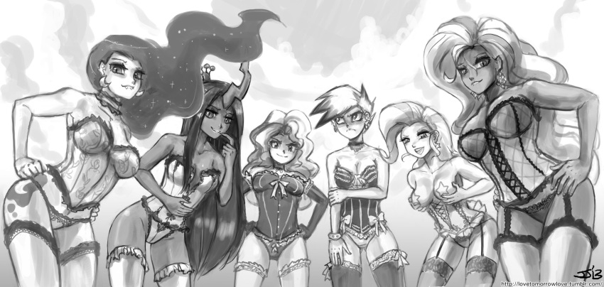 anthro changeling cutie_mark evil fangs female friendship_is_magic gilda_(mlp) green_eyes green_hair group hair horn human humanized john_joseco lingerie long_hair looking_at_viewer my_little_pony nightmare_moon_(mlp) nightmare_rarity open_mouth princess_luna_(mlp) queen_chrysalis queen_chrysalis_(mlp) rarity_(mlp) smooth_skin sunset_shimmer trixie_(mlp)