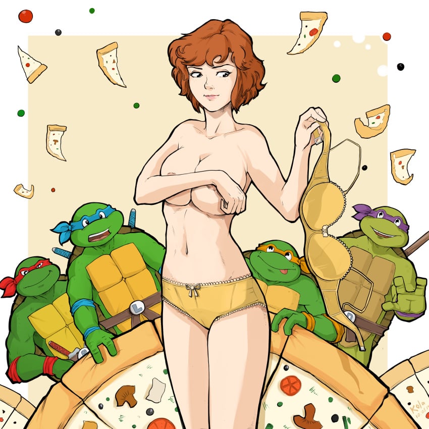 1girls 4boys anthro april_o'neil april_o'neil_(tmnt_1987) bra bra_removed brothers donatello female holding_bra human kola411 leonardo male michelangelo panties picot_trim picot_trim_bra picot_trim_panties raphael removing_bra teenage_mutant_ninja_turtles thin_female tmnt_1987 undressing yellow_bra yellow_panties