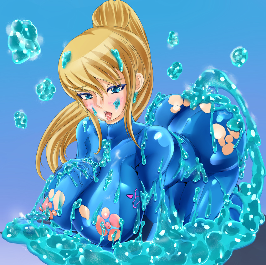 ass blonde_hair blue_eyes blush breasts female female_only goo gucchi_(n3gt6apf) highres human large_breasts metroid nintendo nipples samus_aran sex slime solo torn_clothes zero_suit zero_suit_samus