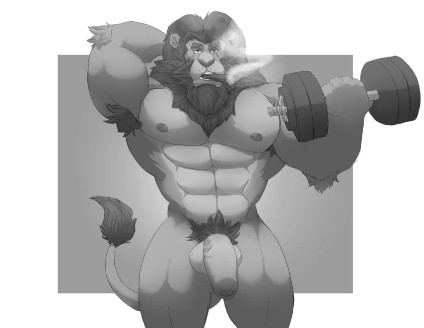 anthro balls cigar exercise feline fluffysnowmeow humanoid_penis lion male male_only mammal muscular penis solo uncut weightlifting workout