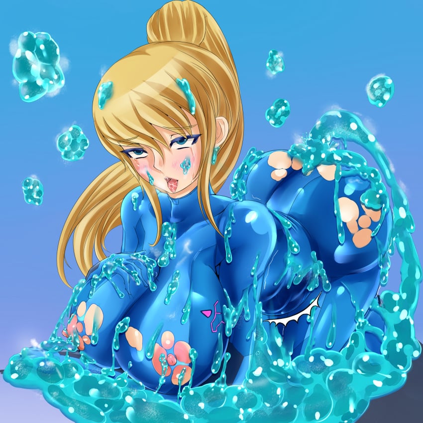 ass blonde_hair blue_eyes blush breasts female female_only goo gucchi_(n3gt6apf) highres human large_breasts metroid nintendo nipples samus_aran sex slime solo torn_clothes zero_suit zero_suit_samus