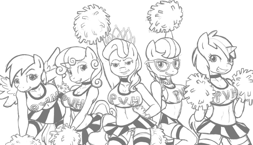 2013 5girls anthro anthrofied breasts cheerleader cleavage clothing cutie_mark_crusaders diamond_tiara diamond_tiara_(mlp) equine eyewear female friendship_is_magic glasses grin group hair_on_head horn horse hourglass_figure my_little_pony pegasus pom_poms pony poprocks pussy silver_spoon silver_spoon_(mlp) skirt smile sweetie_belle_(mlp) tiara unicorn voluptuous wings