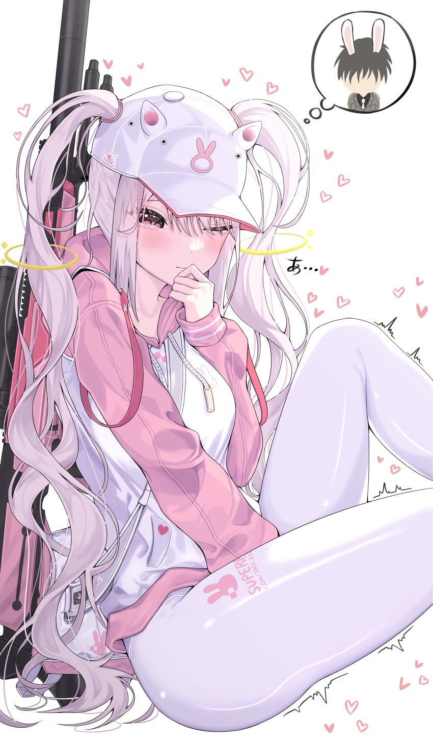 absurdres alice_(nikke) alice_(sweet_home)_(nikke) baseball_cap blush breasts closed_mouth commentary english_commentary female goddess_of_victory:_nikke gun hat highres hood hoodie long_hair one_eye_closed pink_eyes pink_hair pink_hoodie rifle simple_background solo taek thighs twintails very_long_hair weapon white_background white_hat