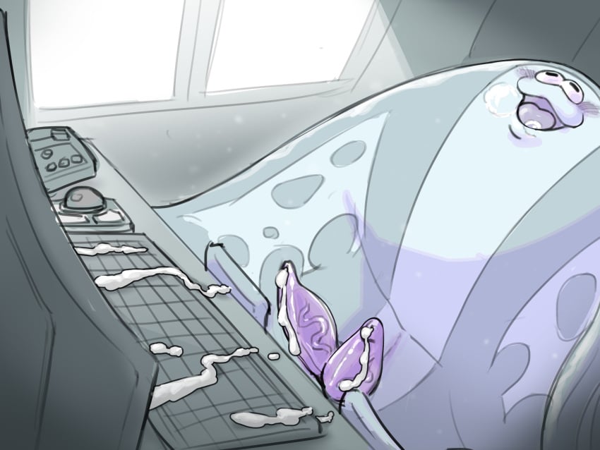 2_penises 4:3 :3 animal_genitalia animal_penis anthro average_rule34_user big_man_(splatoon) blush bodily_fluids computer cum diphallia diphallism electronics erection fish flat_body genital_fluids genitals grey_body hemipenes hi_res male manta_ray marine masturbation multi_genitalia multi_penis nintendo orgasm penis ray_(fish) sakusan_kc solo splatoon stingray vein veiny_penis