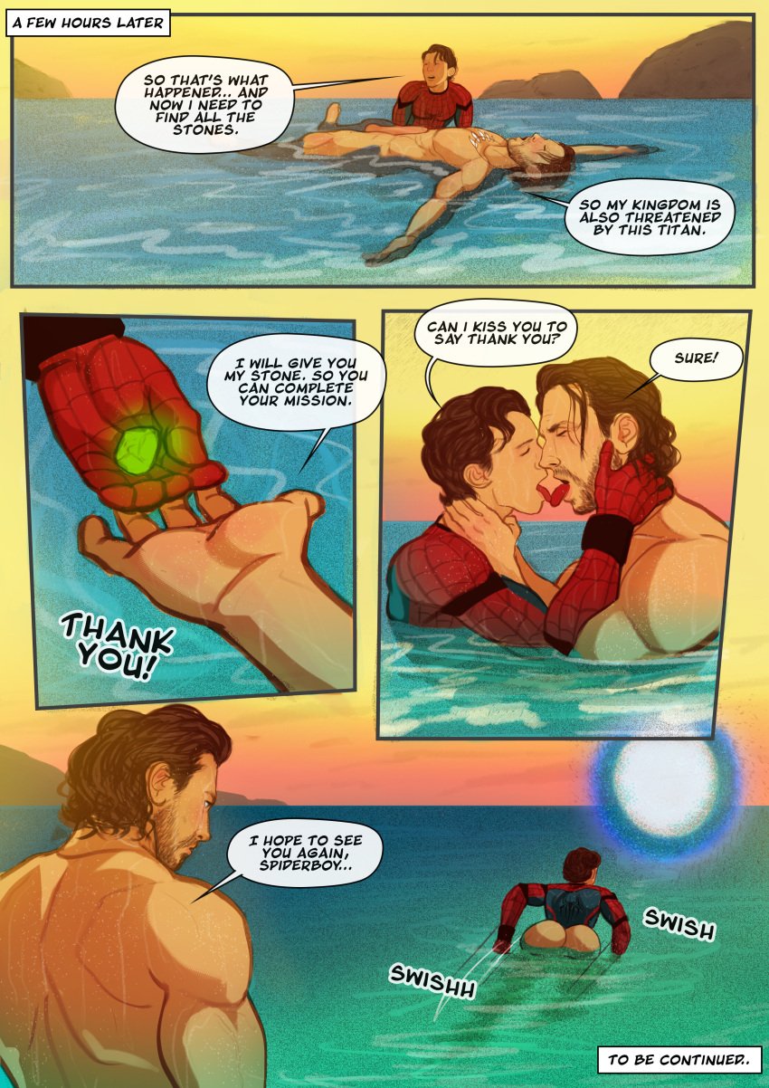 beach french_kiss gay kraven_the_hunter male male_only marvel marvel_cinematic_universe moonkun peter_parker spider-man spider-man_(series) spider-man_(tom_holland) tom_holland