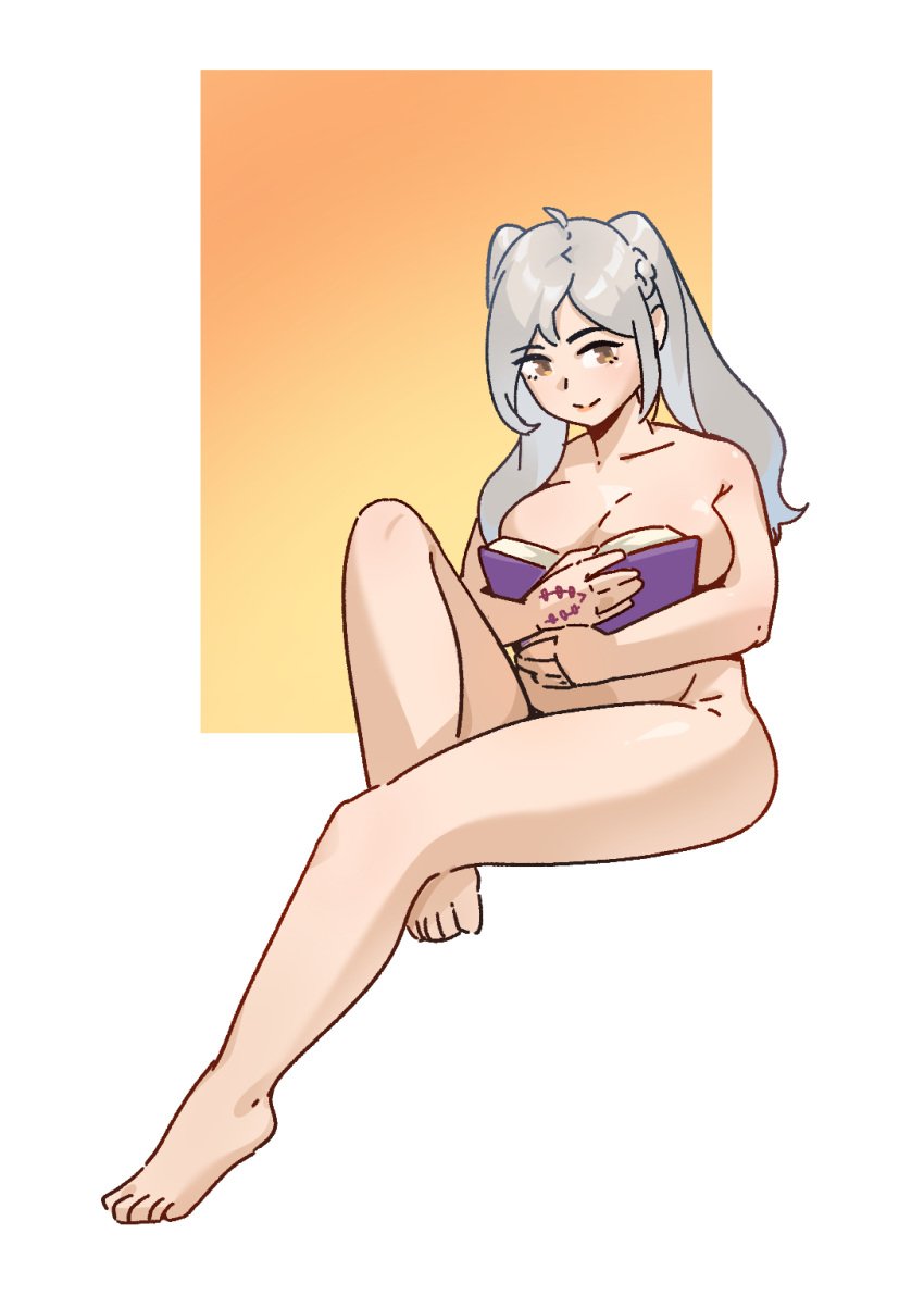 1girls big_breasts book book_covering_breasts breasts covering_breasts eili_enie female fire_emblem fire_emblem_awakening grey_hair holding_book large_breasts nintendo nude nude_female robin_(fire_emblem) robin_(fire_emblem)_(female) silver_hair twintails wide_hips