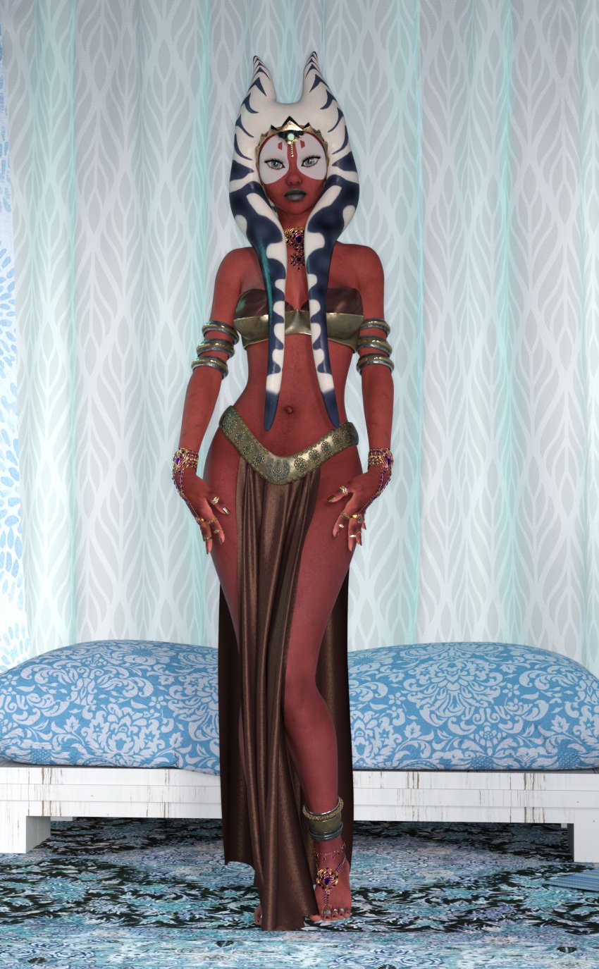 1girls 3d anklet belly_dancer belly_dancer_outfit blue_eyes female harem_girl harem_outfit jedi jewelry loincloth necklace red_skin shaak_ti slave slave_outfit slavegirl sparky000 star_wars