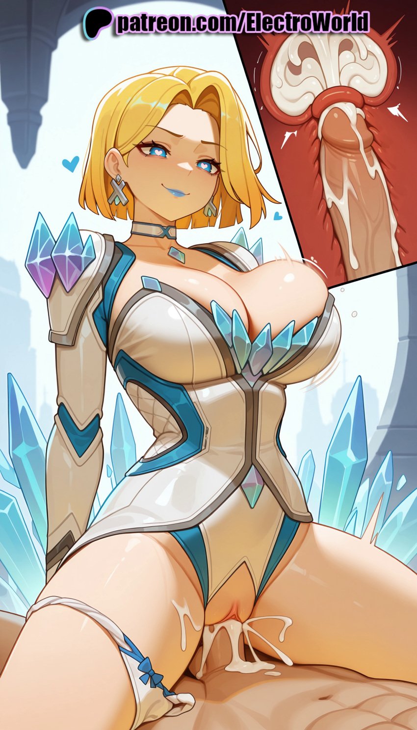 1boy 1girls 2025 ai_generated artist_name blonde_female blonde_hair blue_bow blue_eyes blue_lipstick bob_cut breasts bust cervix chest clitoral_hood clothing_cutout cock cowgirl_position cross_section cum cum_in_pussy deep_penetration dick earrings ejaculation electroworld emma_frost emma_frost_(marvel_rivals) exposed_pussy female female_on_top fucking hi_res high_quality high_resolution highres intercourse internal_cumshot jewelry juicy_pussy love_making male marvel marvel_comics marvel_rivals overflow panties patreon patreon_username penetration penis pussy riding sex sexual_intercourse short_hair smile solo_focus stable_diffusion straddling straight tight_pussy uncensored underwear uterus vagina vaginal_penetration watermark wings x-ray