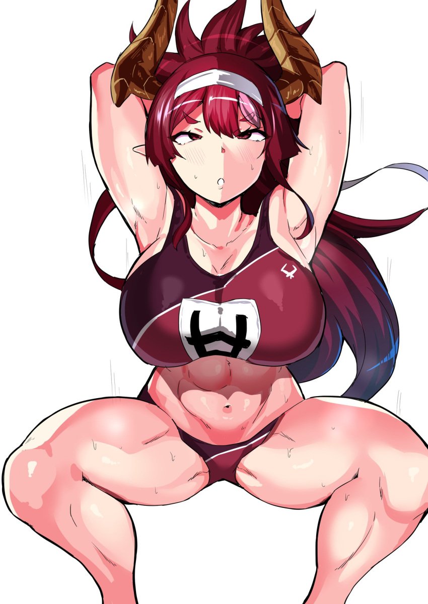 abs breasts demon_girl demon_horns disgaea disgaea_7 female gym gym_clothes higan_zesshosai inago1919 large_breasts muscular muscular_female nippon_ichi_software squats squatting thick_thighs thighs
