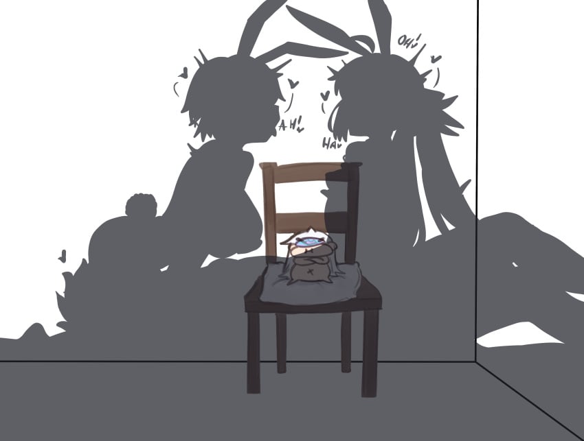 1boy 3girls absurdres animal_ears artoria_caster_(fate) artoria_pendragon_(fate) breasts bunnysuit chair chibi cuck_chair_(meme) ebora fake_animal_ears fate/grand_order fate_(series) female fujimaru_ritsuka_(male) gareth_(fate) group_sex highres large_breasts male melusine_(fate) meme multiple_girls rabbit_ears rabbit_tail sex shadow small_breasts straddling tail threesome white_hair