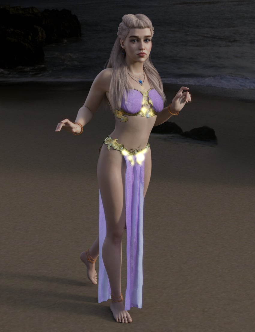 beach belly_dancer belly_dancer_outfit blue_eyes daenerys_targaryen deltaboxx game_of_thrones harem_girl harem_outfit loincloth long_hair looking_at_viewer medium_breasts necklace seaside white_hair