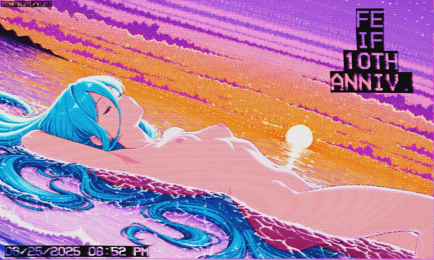 1girls 3d armpits azura_(fire_emblem) blue_hair closed_eyes female fire_emblem fire_emblem_fates long_hair nintendo nude sleeping small_breasts solo text vaporwave yumi_(artist)