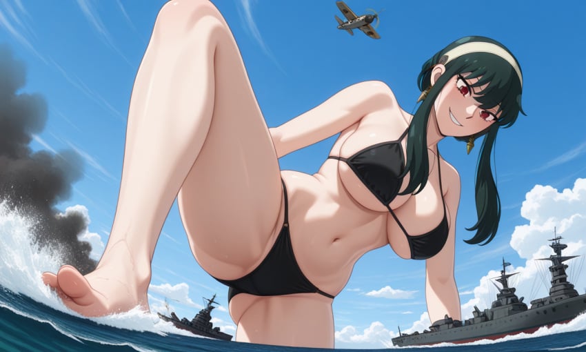 1girls ai_generated anime ass battleship big_ass big_breasts big_butt bikini black_bikini black_hair black_hair_female breasts crawling destruction female female_focus female_only giantess giga_giantess hairband happy happy_female huge_ass huge_boobs huge_breasts huge_butt jeanluc21 light-skinned_female light_skin manga on_all_fours ship spy_x_family yor_briar yor_forger