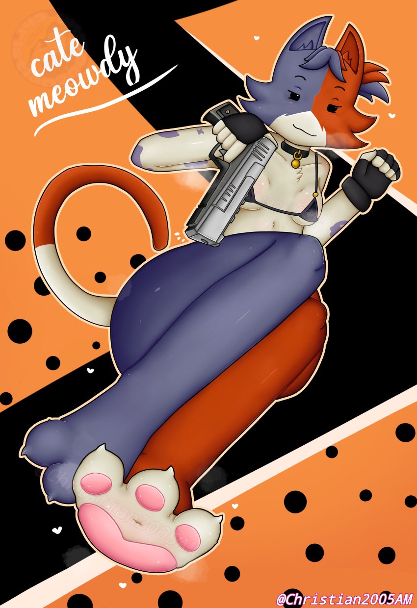1girls bikini breasts calico_cat cat_ears cat_tail cate_meowdy_(fortnite) catgirl christian2005am feet feet_up female fortnite furry furry_female furry_only gun looking_at_viewer small_breasts tattoo tattooed_arm