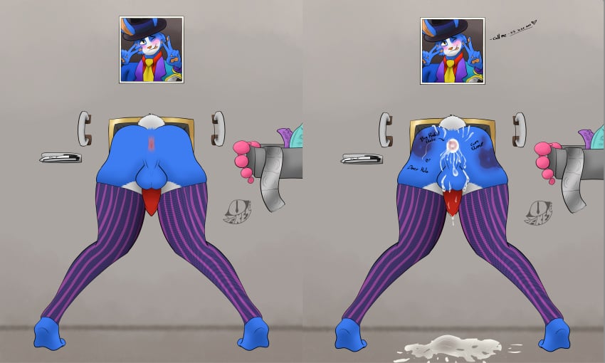 5:3 absurd_res anthro anus ass big_butt blue_body blue_fur bodily_fluids body_writing clothing cum cum_drip cum_in_ass cum_inside dripping ejaculation footwear fur genital_fluids genitals glory_hole glory_hole_station glory_wall hand_print hand_print_on_butt hi_res jakesart lagomorph legwear leporid long_socks male mammal marker markings multicolored_body multicolored_fur penis rabbit small_tail socks solo tail thick_thighs thigh_highs used wide_hips writing_on_butt