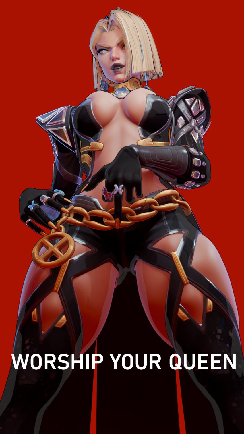 3d black_lipstick blender blonde_female blonde_hair bodysuit bulging_breasts caption emma_frost emma_frost_(marvel_rivals) emma_frost_(x-revolution) female femdom gogochimera lipstick marvel marvel_rivals meaty_thighs middle_finger solo_female