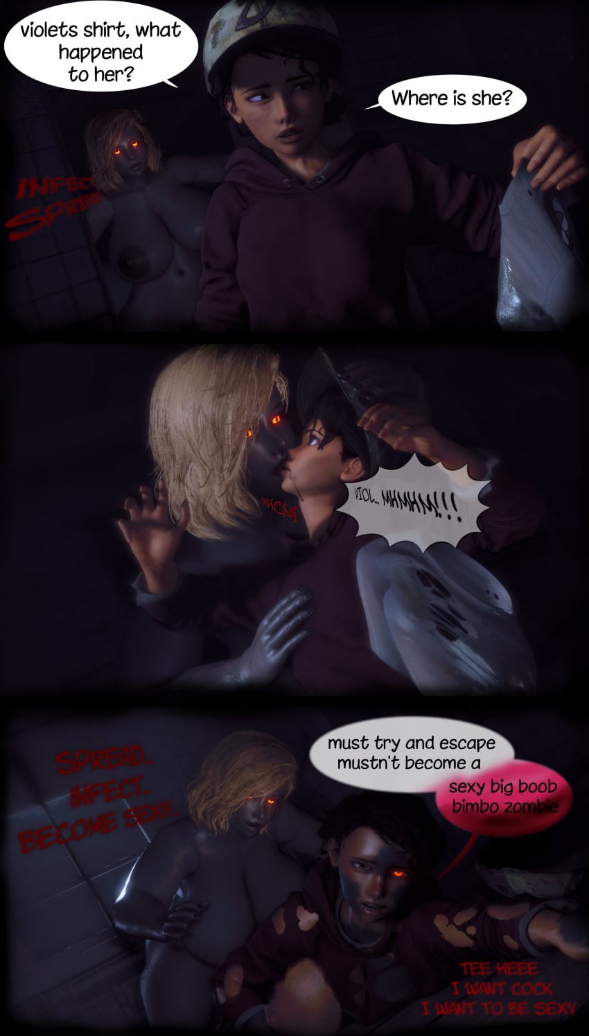 2girls 3d 3d_(artwork) 3d_render areolae baseball_cap blonde_hair breasts brown_eyes brown_hair clementine_(the_walking_dead) clothed clothing comic english english_text female female_focus female_only glowing_eyes gray_skin grey_body hat headwear hoodie kiss kissing large_breasts light-skinned_female light_skin lustpalace medium_hair nipples nude nude_female possessed possession red_eyes text the_walking_dead the_walking_dead_game