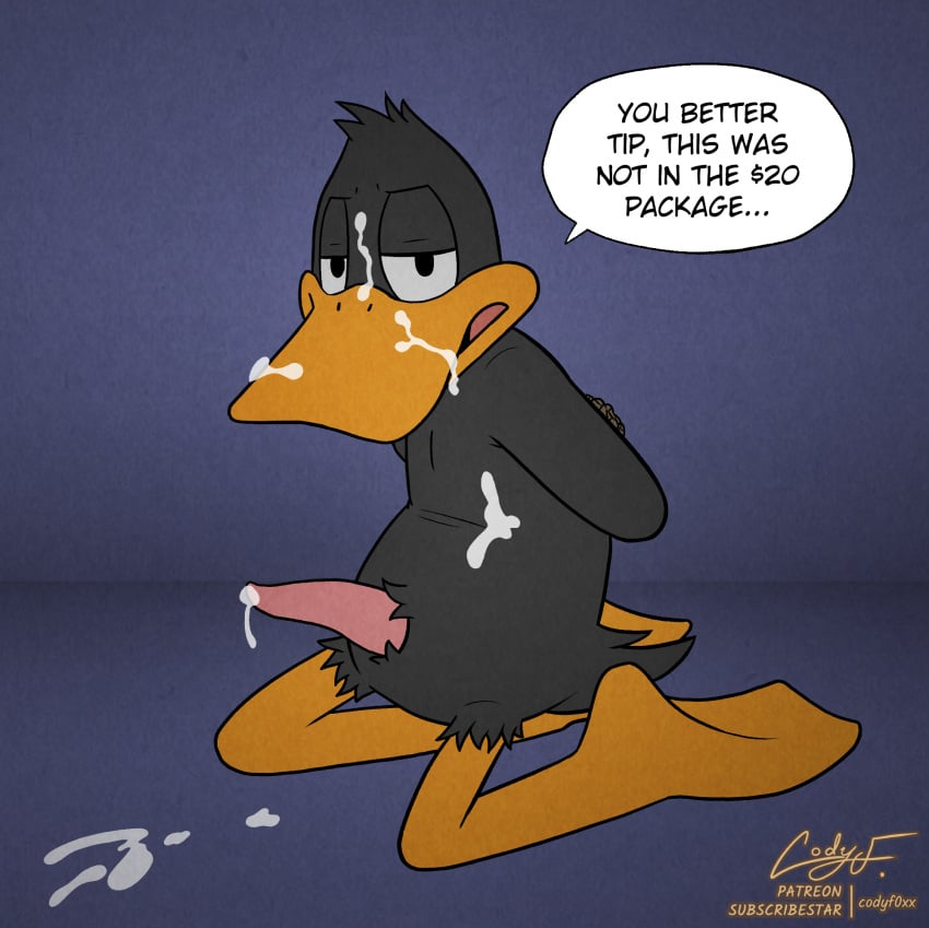 anatid annoyed anseriform arms_tied avian bird black_body black_eyes bodily_fluids bound codyf0xx cum cum_drip cum_on_face cum_on_penis daffy_duck dripping duck english_text feet genital_fluids genitals hands_behind_back hi_res kneeling looking_at_viewer looney_tunes male membrane_(anatomy) orange_body penis solo_male speech_bubble tapering_penis text toes warner_brothers webbed_feet