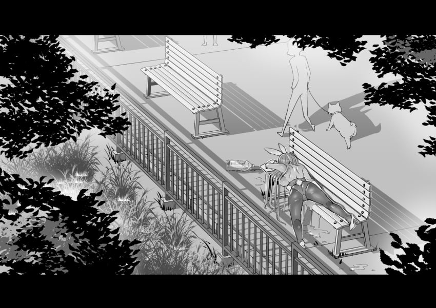 1other animal_ears asuna_(blue_archive) asuna_(bunny)_(blue_archive) bench blue_archive bottle breasts canine drunk fainted fake_animal_ears female gloves greyscale highres large_breasts leash leotard long_hair monochrome official_alternate_costume on_bench outdoors pantyhose park park_bench pet plastic_bottle playboy_bunny public_indecency pussy_juice rabbit_ears sashizume_soutarou shadow white_gloves wooden_bench