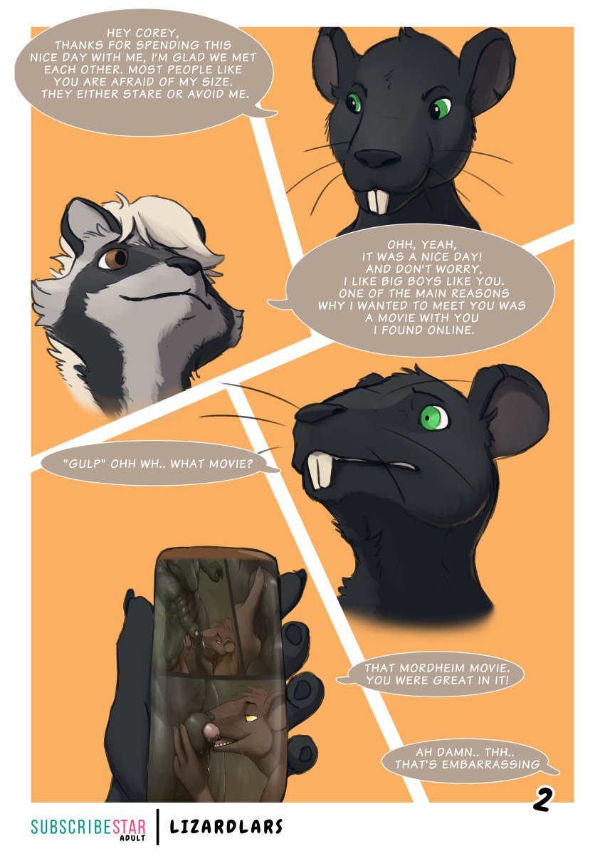 2025 absurd_res aidan_(lizardlars) biped black_body black_fur brown_eyes buckteeth comic corey dialogue digital_media_(artwork) electronics english_text fur green_eyes grey_body grey_fur hair hi_res holding_object holding_phone lizardlars mammal multicolored_body multicolored_fur murid murine phone procyonid raccoon rat rodent smile smiling_at_another speech_bubble teeth text whiskers white_hair