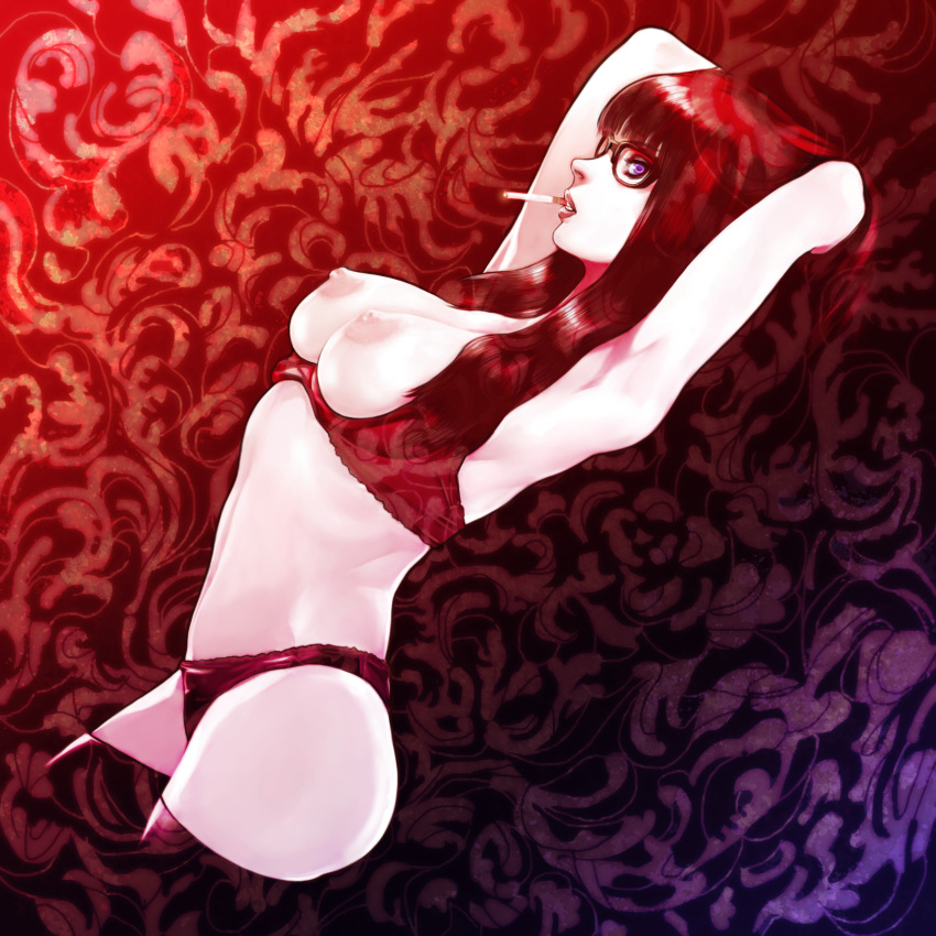 armpits arms_up bra bra_pull breasts brown_hair cigarette female glasses highres long_hair nipples original panties purple_eyes red smoking solo underwear vigwer