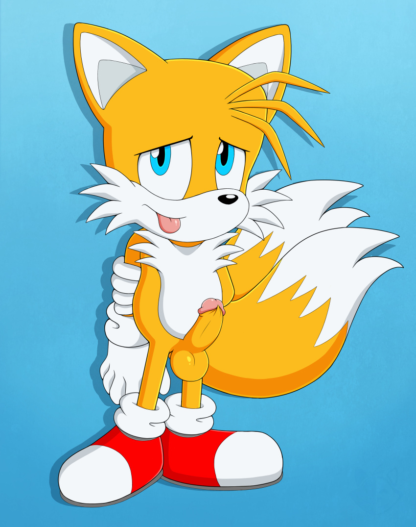 absurd_res anthro balls blue_background blue_eyes canid canine casual erection exposed_torso footwear fox genitals handwear hi_res humanoid_genitalia humanoid_penis male mammal penis sega simple_background solo sonic_(series) sonic_the_hedgehog_(series) stripes-the-raccoon tails tongue tongue_out