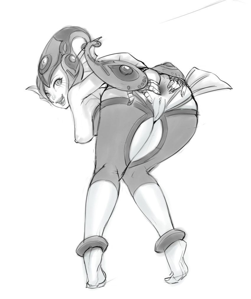 anus bent_over breasts detached_leggings digimon digimon_frontier female fingerless_gloves fins gloves helmet highres knees_together_feet_apart large_breasts legoman lips monochrome monster_girl nipples pussy ranamon sketch slit_pupils solo spread_anus spread_ass tiptoes