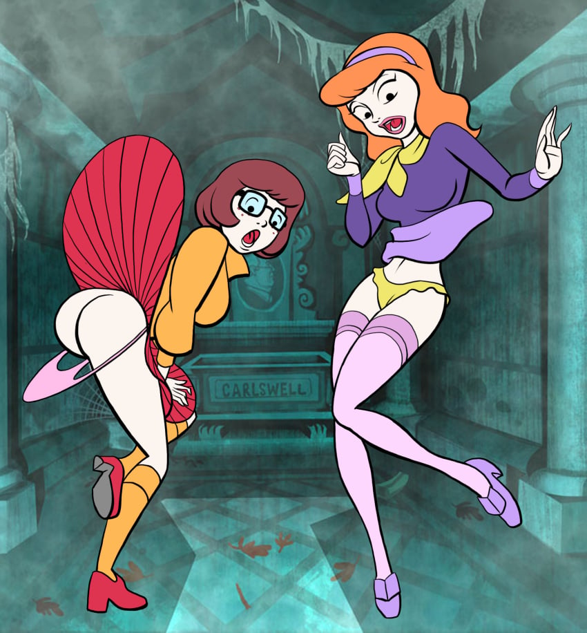 2girls ass brown_hair daphne_blake female female_only gao23 glasses hanna-barbera human multiple_females panties panty_pull red_hair scooby-doo skirt_lift text velma_dinkley