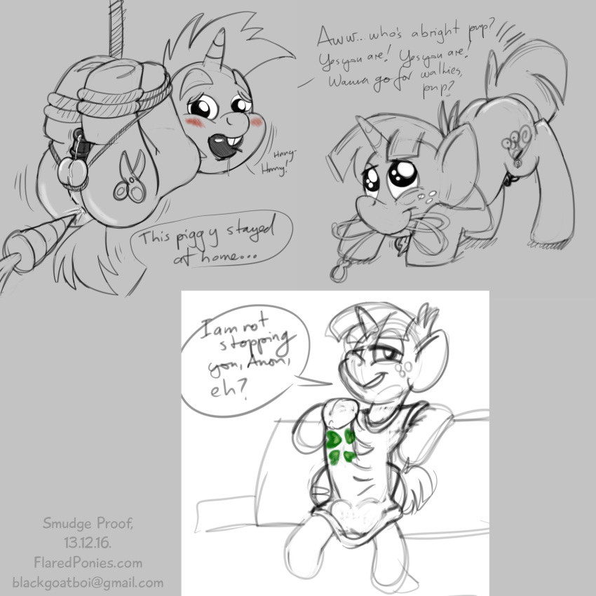 2boys 4chan blush bondage bound clothing collar erection friendship_is_magic fur furry furry_only leash male male_only monochrome my_little_pony penis pet_play shirt sketch smooth_skin smudge_proof snails_(mlp) snips_(mlp) suspension text