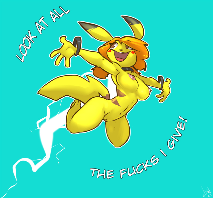 2013 anthro areola atryl big_breasts breasts brown_eyes edit english_text erect_nipples female female_only futa'chu hair navel nintendo nipples nude orange_hair pikachu pokemon pussy solo text video_games