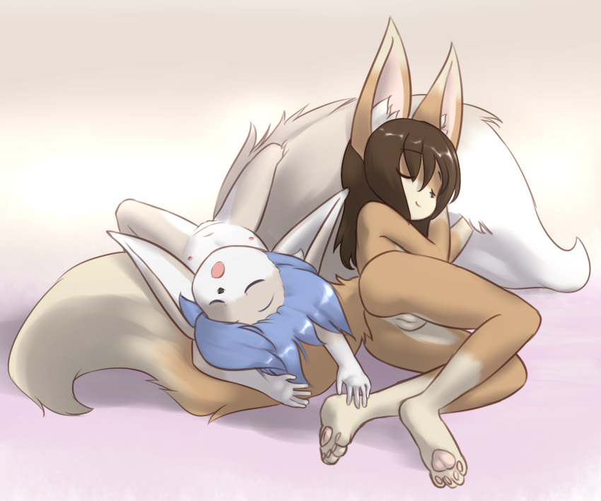 2013 anthro ass big_tail blue_hair brown_hair canine chelsea_larimore closed_eyes delicious_(artist) female fennec flat_chested fox furry hair hi_res high_resolution lynelle_larimore nipples nude open_mouth pussy sleeping young