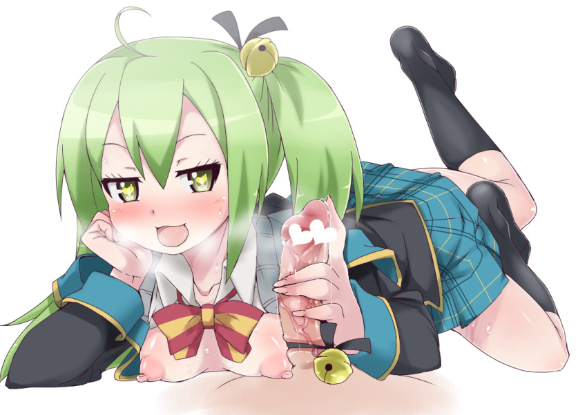 1boy ahoge bell blazer blush bow breasts breath censored chin_rest feet female gj-bu green_eyes green_hair hair_bell hair_ornament handjob heart heart-shaped_pupils kannazuki_tamaki kneesocks lying lying_on_person no_shoes on_stomach open_clothes open_mouth open_shirt penis pic_k school_uniform shirt short_hair smile straight sweat symbol-shaped_pupils tied_hair twintails