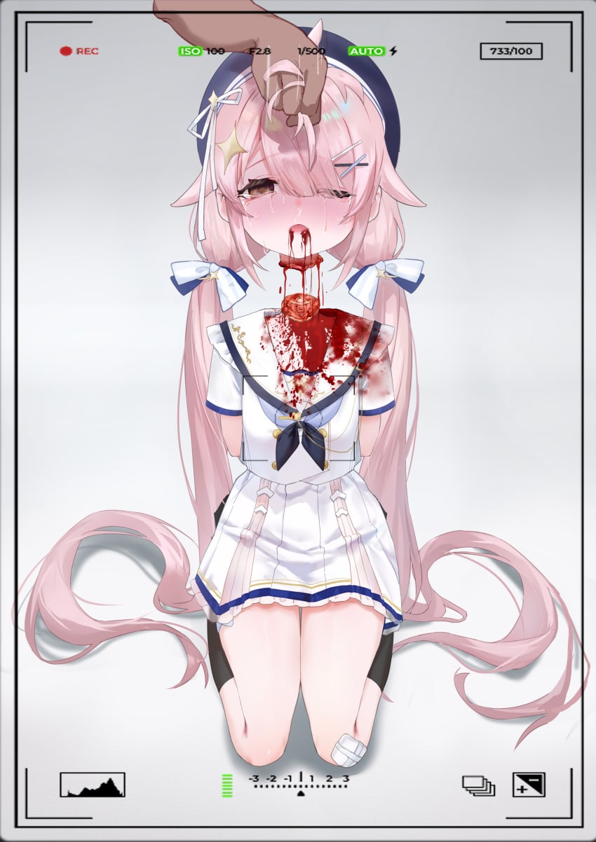 1girl absurdres ace_taffy ahoge arms_behind_back black_socks blood blue_hat blush bound bound_arms commentary_request corpse crying dark-skinned_male death decapitation dress empty_eyes execution full_body gauze_on_knee grabbing_another's_hair grey_background guro hair_ornament hair_ribbon hairclip hat highres holding holding_another's_hair holding_detached_head indie_virtual_youtuber large_variant_set long_hair one_eye_closed open_mouth pink_hair recording ribbon seiza severed_head shirt simple_background sitting socks solo speech_bubble streaming_tears tears twintails variant_set very_long_hair viewfinder white_dress white_shirt wide-eyed x_hair_ornament xiaomu314 yellow_eyes