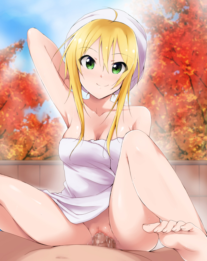 ahoge arm_up armpits bare_shoulders barefoot blonde_hair blush breasts censored cleavage cowgirl_position feet female green_eyes happy_sex highres hoshii_miki human idolmaster idolmaster_million_live! kaiga long_hair looking_at_viewer male naked_towel nude penis pussy sex smile solo_focus spread_legs straddling straight toes towel vaginal_penetration wet