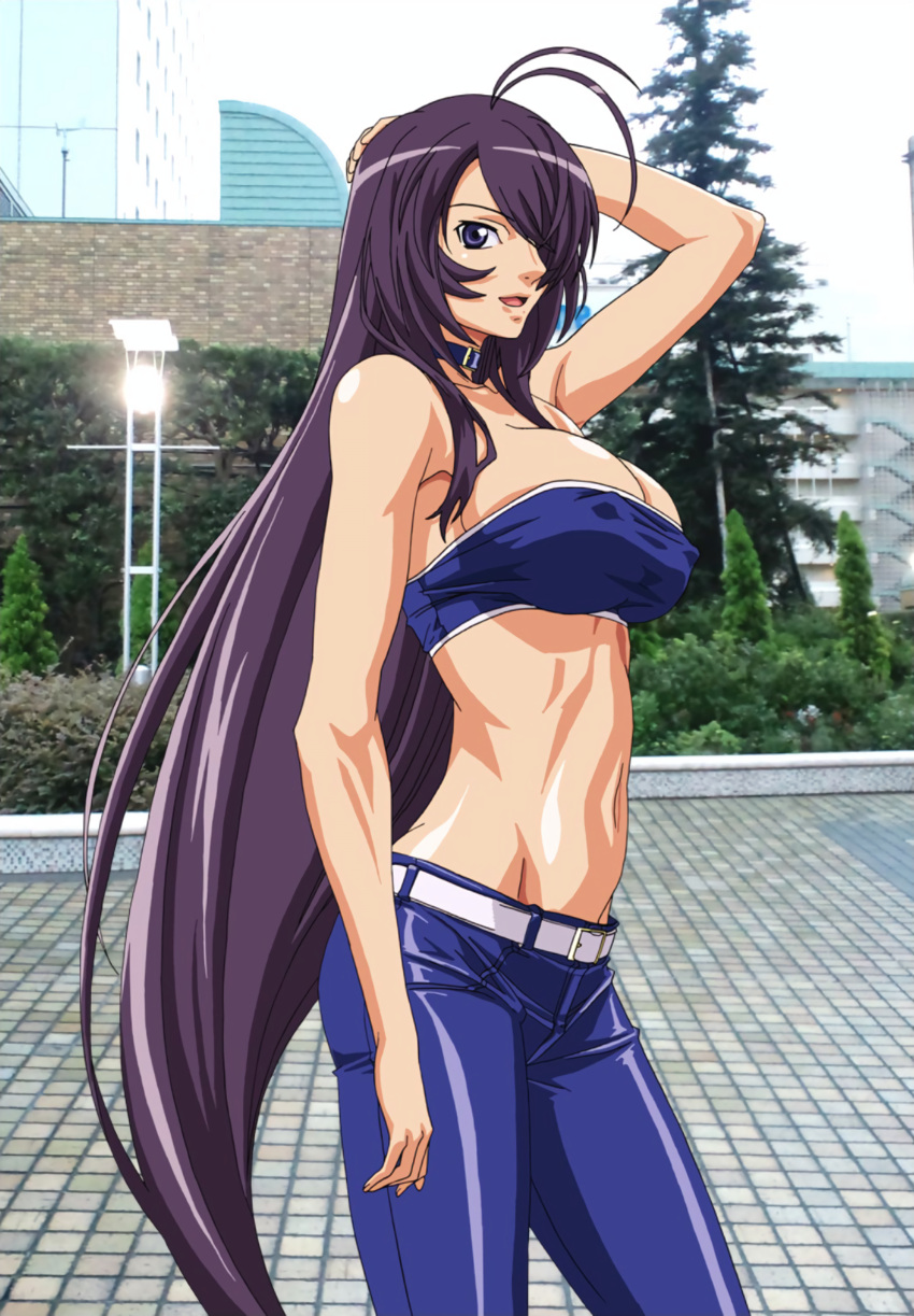 1girls arm_behind_head arm_up armpits bare_shoulders belt big_breasts blue_eyes breasts building bursting_breasts busty cleavage covered_erect_nipples denim female female_only hair_over_one_eye highres hip_focus ikkitousen jeans kan'u_unchou kanu_unchou large_breasts legs long_hair looking_at_viewer midriff navel no_bra open_mouth pants pose posing purple_hair sensual smile solo standing strapless thighs toned tube_top very_long_hair voluptuous yabusame