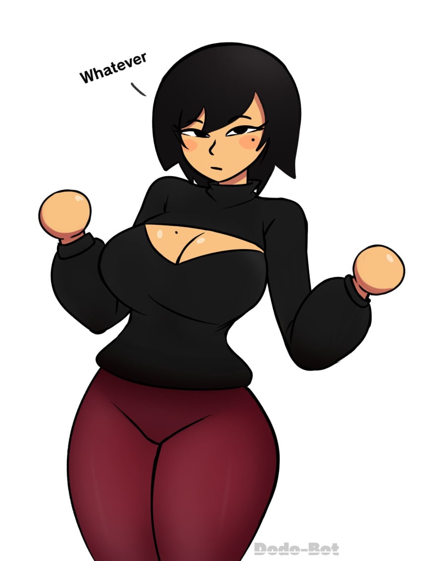 1girls ava_(gazoogaloo) black_eyes black_hair black_sweater black_turtleneck black_turtleneck_sweater blush breasts burgundy_pants cleavage cleavage_cutout dodo-bot female large_breasts mii mole mole_on_breast mole_under_eye nintendo oc pants short_hair solo solo_female solo_focus sweat sweater turtleneck