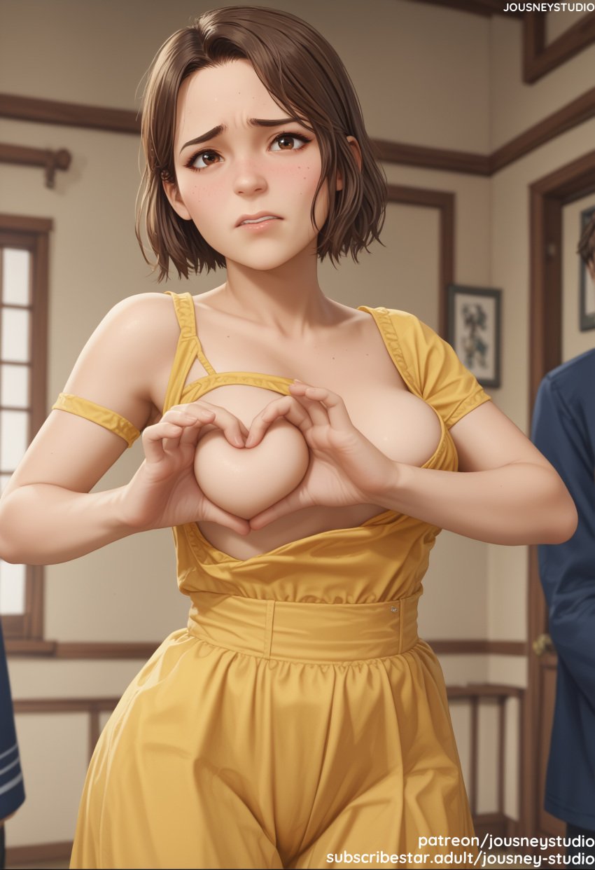 ai_generated blush breasts brown_eyes brown_hair clavicle cleavage clothing collarbone door dress female female forehead freckles heart heart_hands indoors jousneystudio large_breasts lips looking_at_viewer male medium_breasts mio_hudson mole mole_on_breast nipples one_breast_out original parted_bangs parted_lips shirt short_hair solo solo_focus split_fiction standing sweat yellow_dress