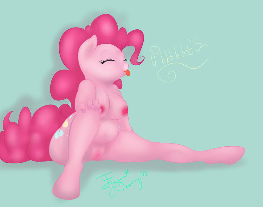 2013 anthro anthrofied blue_background breasts closed_eyes equine farewelldecency female friendship_is_magic fur hair horse my_little_pony navel pink_fur pink_hair pinkie_pie_(mlp) plain_background pony pussy sitting solo straight_hair tongue