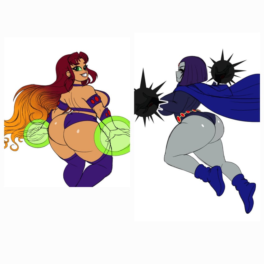 2girls ass big_ass dc dc_comics female female_only grey_skin koriand&#039;r leotard omegasunburst orange_skin purple_hair rachel_roth raven_(dc) red_hair starfire teen_titans