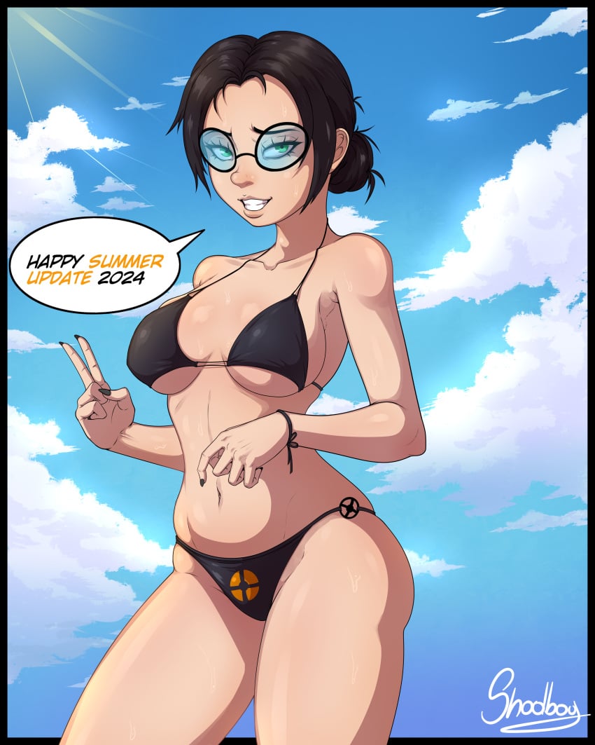 1girls beach bikini bikini_bottom bikini_top breasts fanart female medium_breasts miss_pauling pinup shadboy solo sweat sweating team_fortress_2