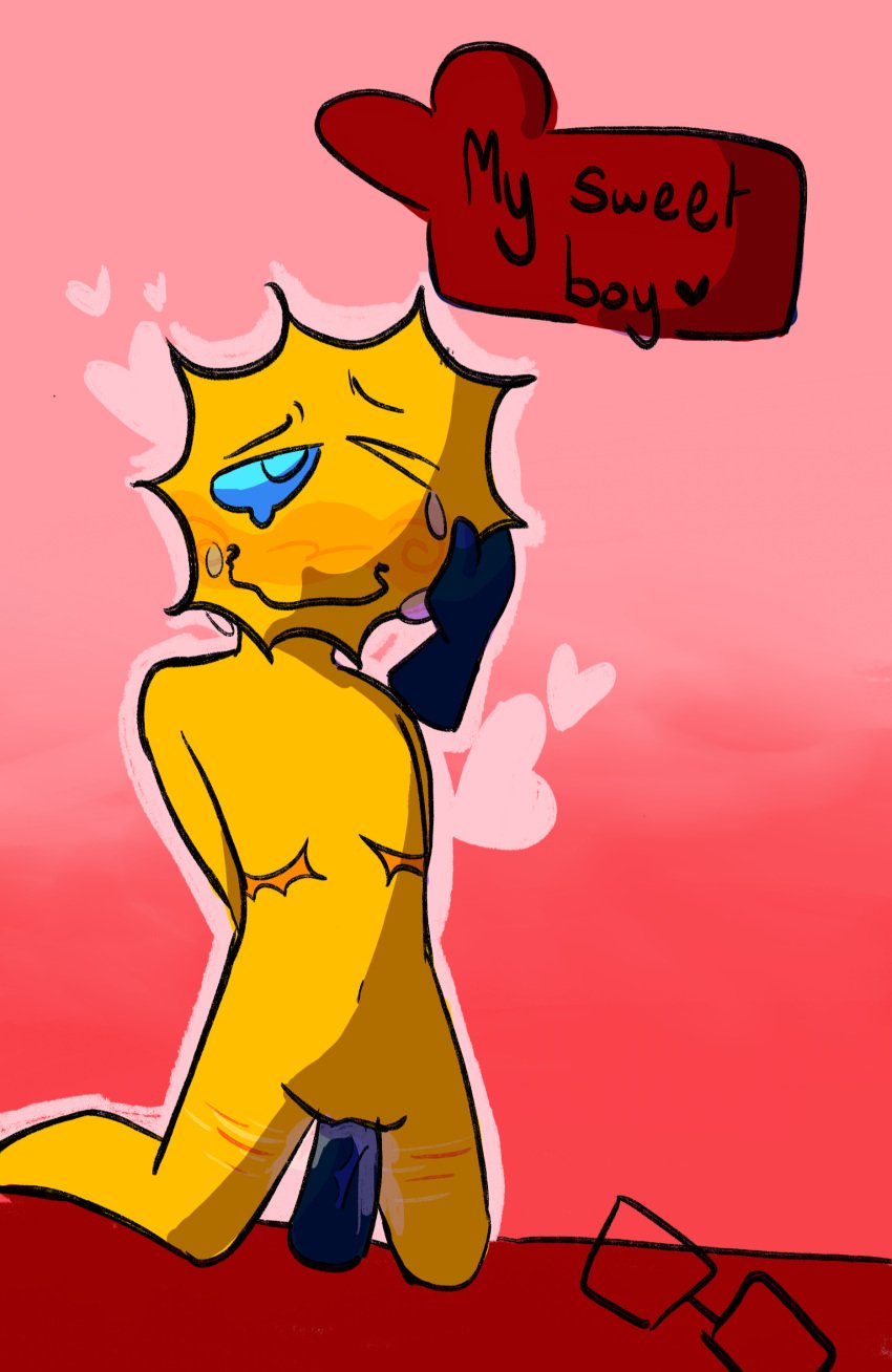 blue_body blue_eyes blue_fur crying cum cuntboy dildo gentle glasses hands_behind_back happy heart intersex non-human on_knees one_eye_closed outline pink_background praise self_harm self_harm_scars wink wiping_tears yellow_body yellow_skin